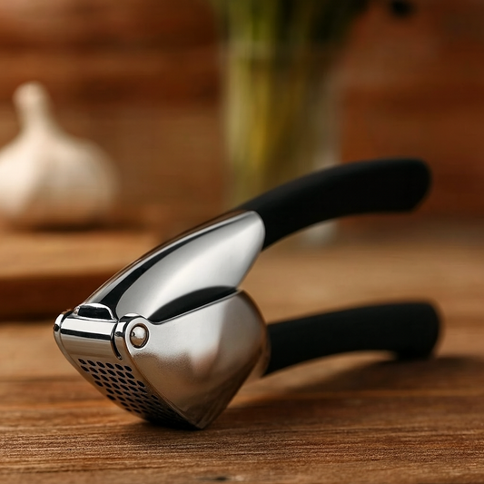 Presse A ail inox ergonomique avec poignée antidérapante, posé sur un plan de travail de cuisine naturel.