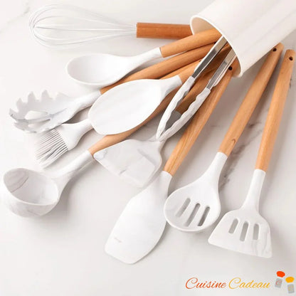 Ustensile de cuisine | 12 pièces en silicone et bois - Cuisine Cadeau