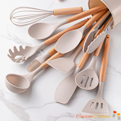 Ustensile de cuisine | 12 pièces en silicone et bois - Cuisine Cadeau