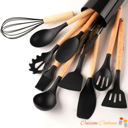 Ustensile de cuisine | 12 pièces en silicone et bois - Cuisine Cadeau