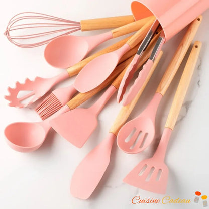 Ustensile de cuisine | 12 pièces en silicone et bois - Cuisine Cadeau