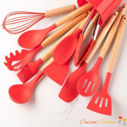 Ustensile de cuisine | 12 pièces en silicone et bois - Cuisine Cadeau