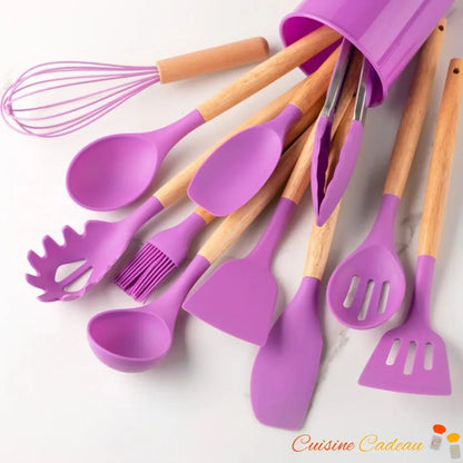 Ustensile de cuisine | 12 pièces en silicone et bois - Cuisine Cadeau