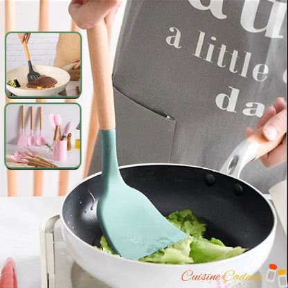 Ustensile de cuisine | 12 pièces en silicone et bois - Cuisine Cadeau
